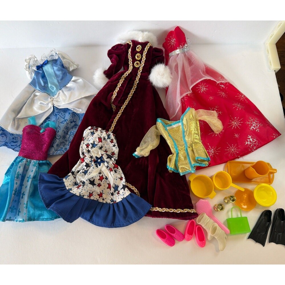 Lot Barbie Clothes Ball Gown Dress Top Accessories Shoes Dishes Flippers